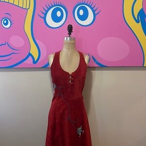 Augustina Wearable Art Red Suede Beaded Flower Maxi Dress